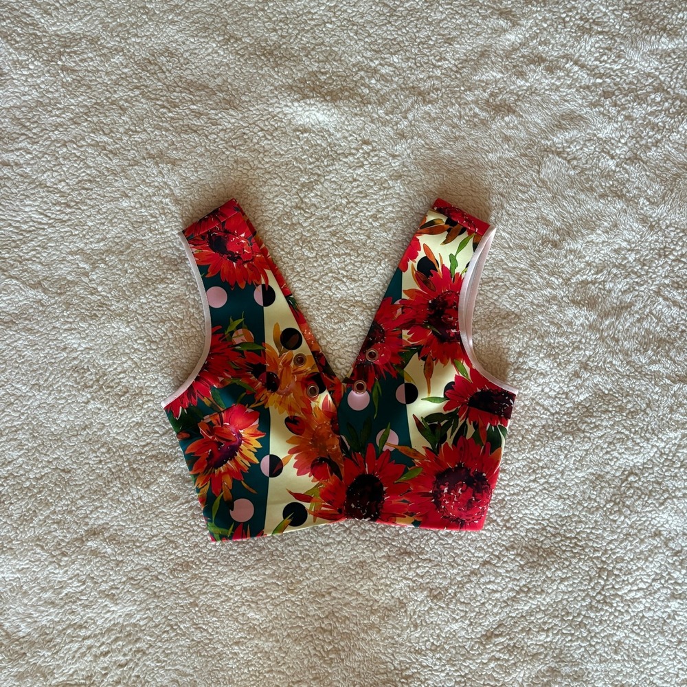Clover Canyon Floral Polka Dot Scuba Crop Top Vest Red Teal M Made in USA